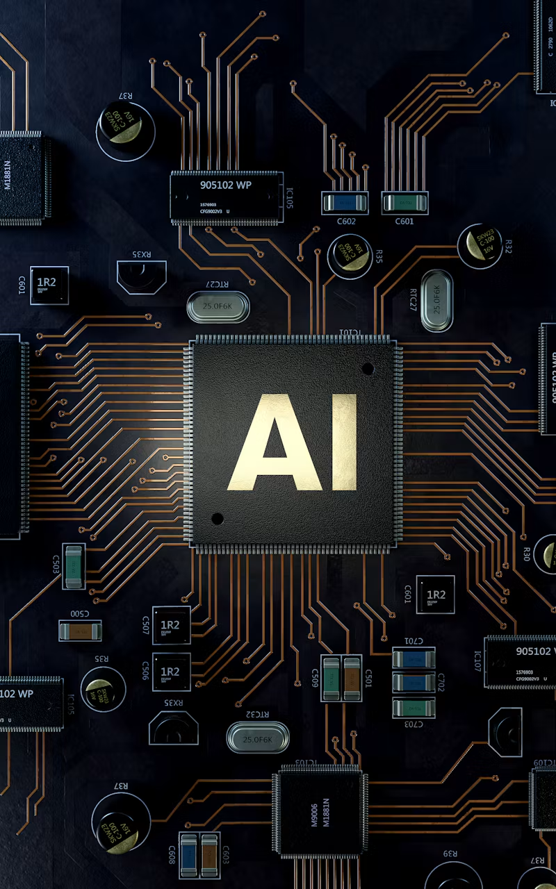 Close-up of a dark circuit board with a gold AI chip at the center