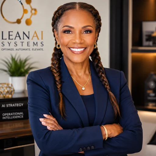 LeanAi Systems founder portrait in a navy blazer, standing with arms crossed in front of LeanAI Systems branding
